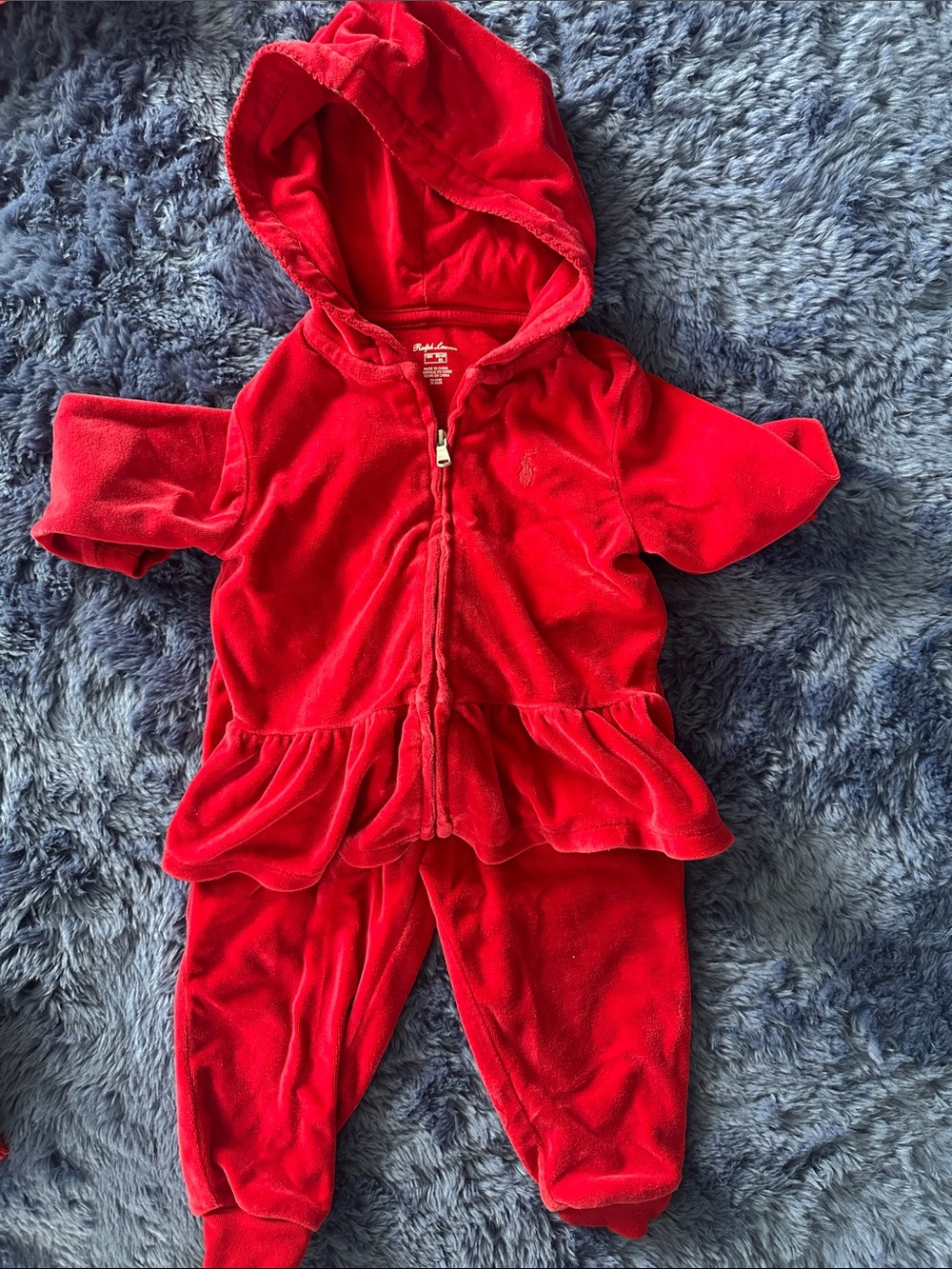 Ralph Lauren Red Velour Hooded Two-Piece Toddler Outfit